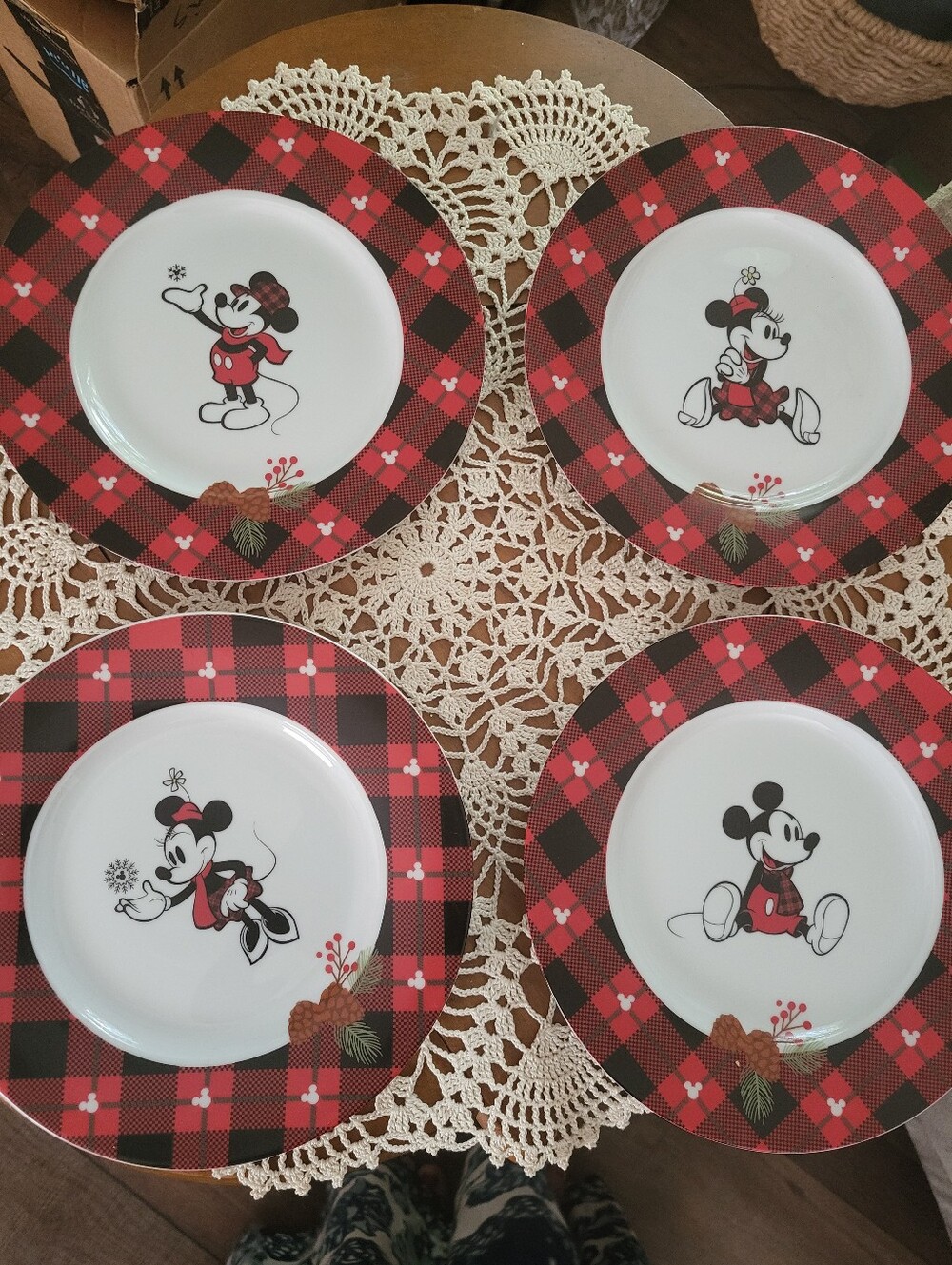 Disney Red Plaid Mickey & Minnie Holiday Dinner Plates (Set of 4)